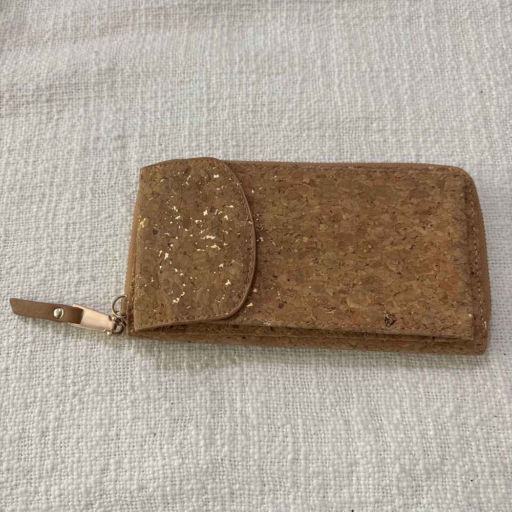 Natural Cork Gold Fleck Zip Around Wallet with Front Pocket Rose Gold Hardware